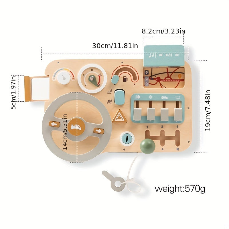 Wooden Steering Wheel Busy Board Toy featuring Vehicle Sign Recognition, Problem Solving, and Motor Skills Development for Youngsters. Smooth, Burr-Free Plywood in Light Green/Blue/Yellow.