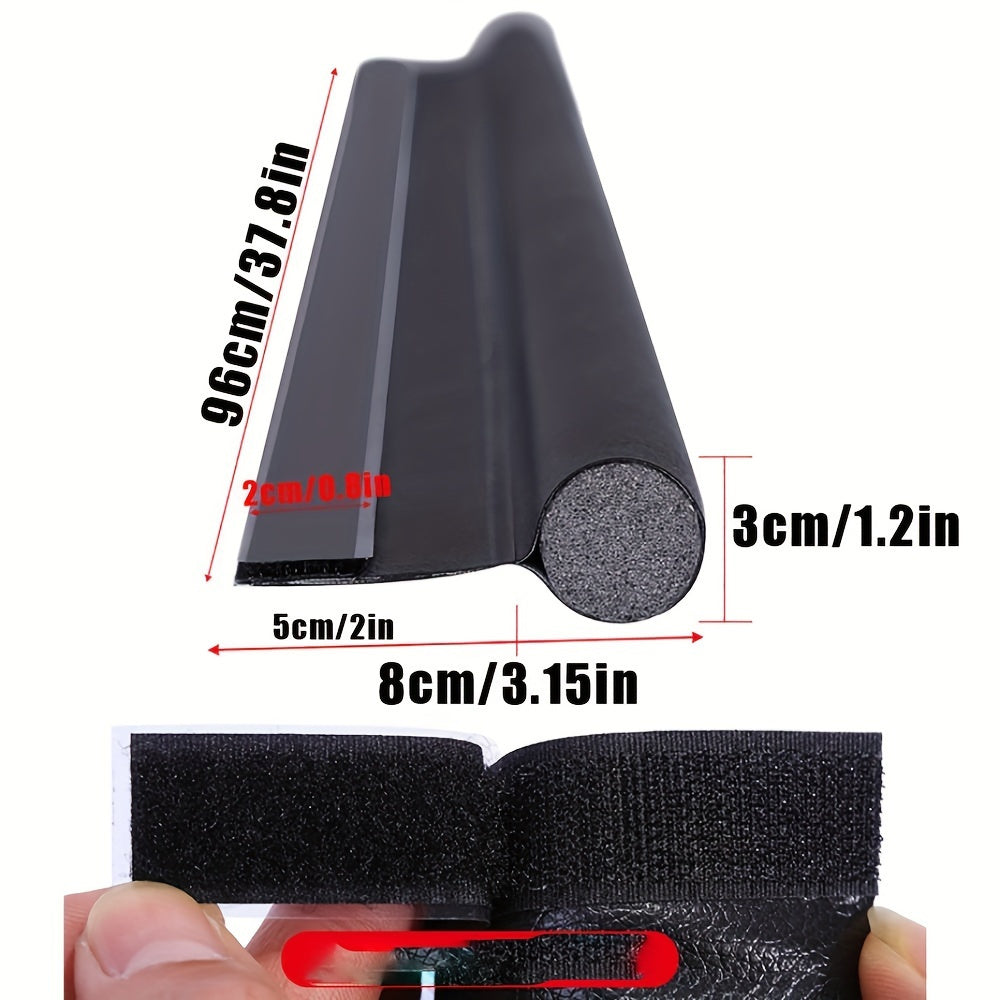 Adjustable self-adhesive draft stopper with weather stripping and insulation foam to prevent cold air and sound, available in black and gray.