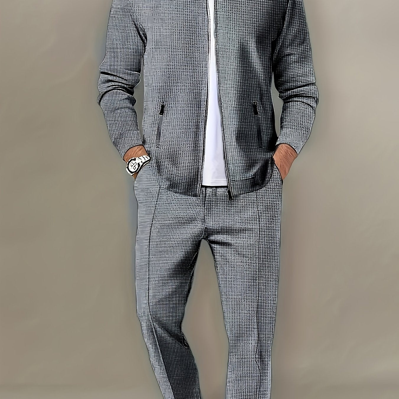 Men's Casual Sports Set with Polyester Knit Fabric, Solid Color, Regular Fit, Zip Closure, for Spring/Autumn Collection.