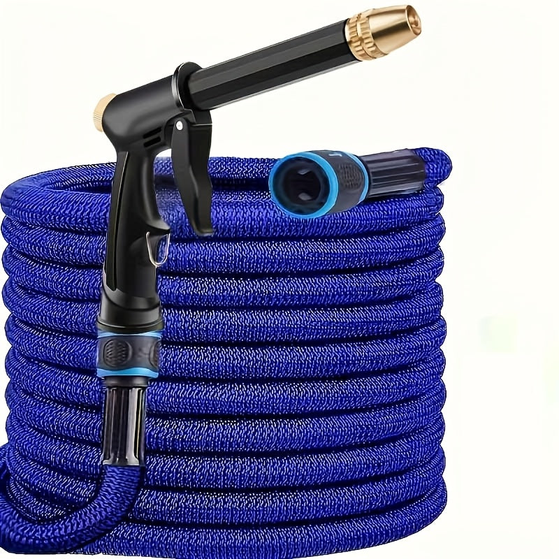 YIJU Expandable Garden Hose with High-Pressure Spray Nozzle & Multi-Thread Connectors - Available in 22.86m, 15.24m, and 7.62m Lengths, Blue Rubber Design for Cleaning, Washing, and