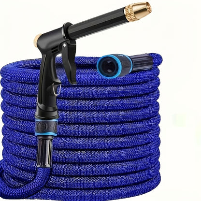 YIJU Expandable Garden Hose with High-Pressure Spray Nozzle & Multi-Thread Connectors - Available in 22.86m, 15.24m, and 7.62m Lengths, Blue Rubber Design for Cleaning, Washing, and