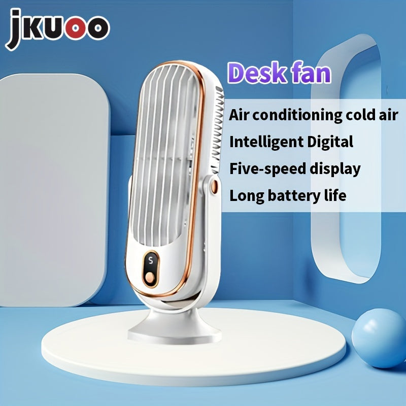 Compact 1PC Mini Fan for Desktop or Portable Use with 5-Speed Adjustable Settings. Rechargeable via USB for High-Velocity Personal Cooling. Ideal for Indoor or Travel Use, Operating Quietly with Convenient Button Control. Lightweight Plastic Design with