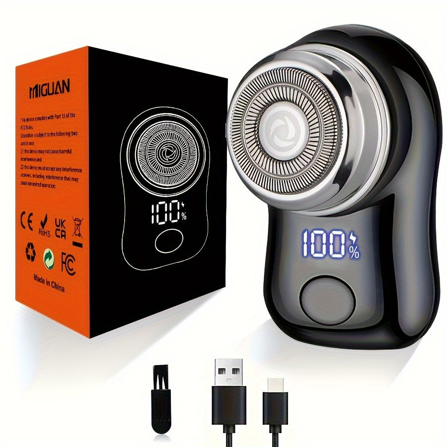 Men's electric shaver is compact, portable, and USB rechargeable with digital display. Ideal for business trips and gifts.