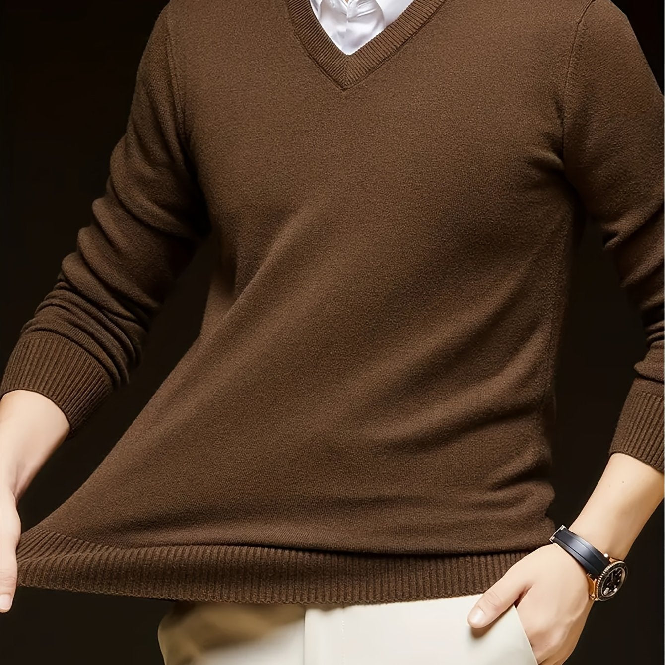 Solid color V-neck knit sweater for men, casual trendy long sleeve pullover, great as a gift.