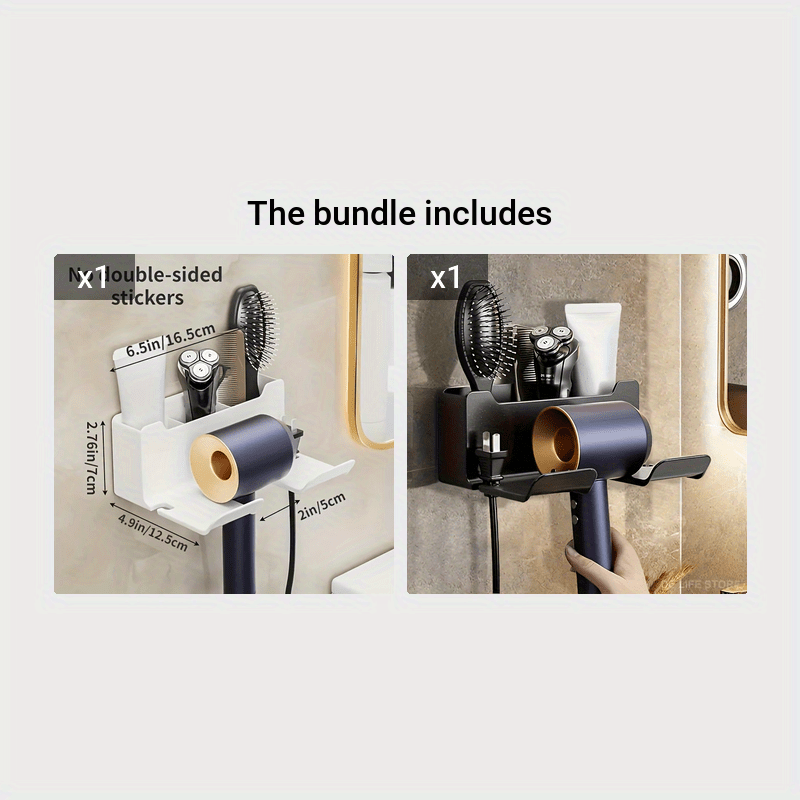 Wall-mounted hair dryer holder with dimensions 16.5x7x12.5cm, hands-free stand for small to large dryers, space-saving bathroom organizer.