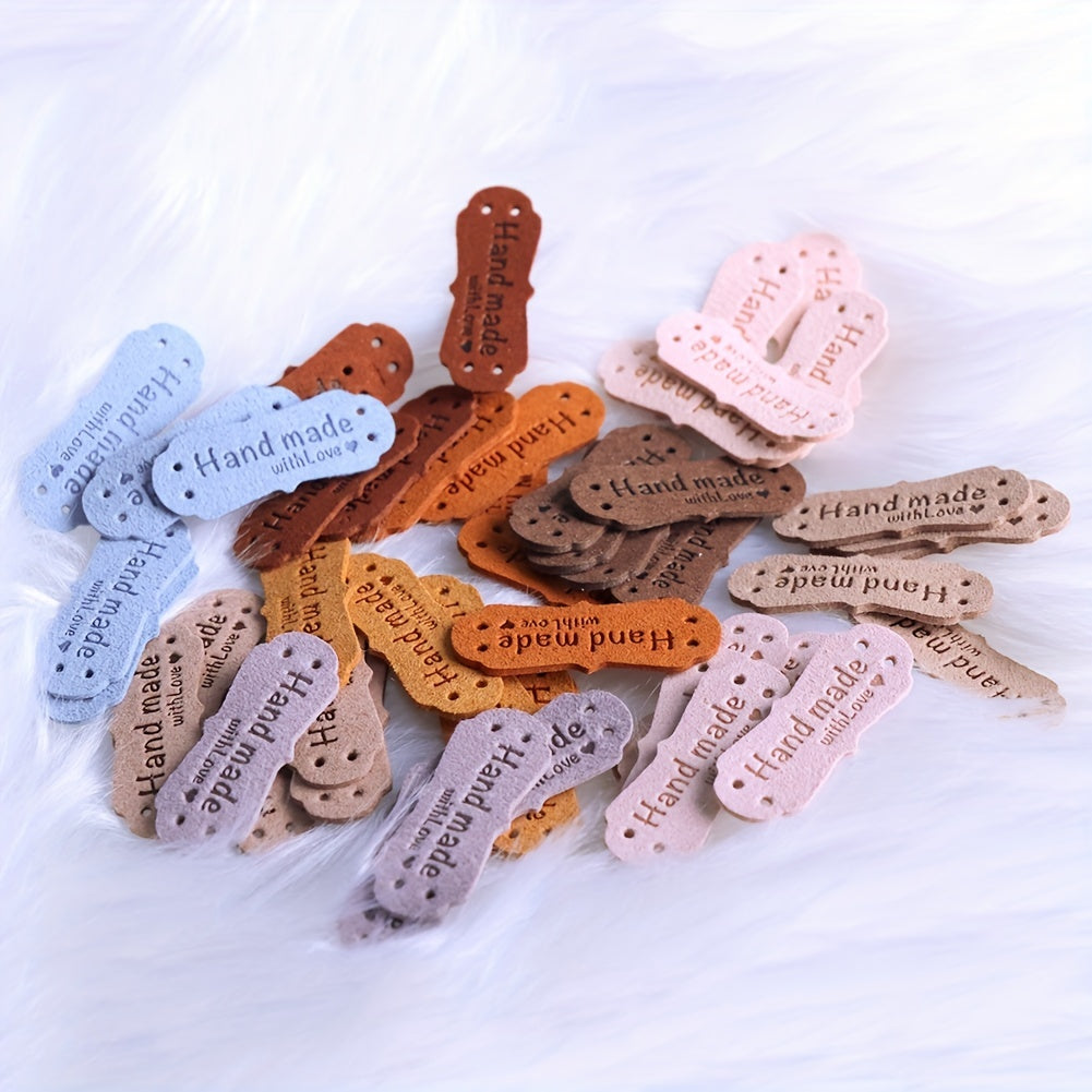 50 pieces of microfiber velvet labels in 10 different colors, with 5 labels per color. Perfect for handcraft projects such as knitting, sewing, making hats, purses, and clothing. These labels feature a hole for easy attachment and an embossed crochet