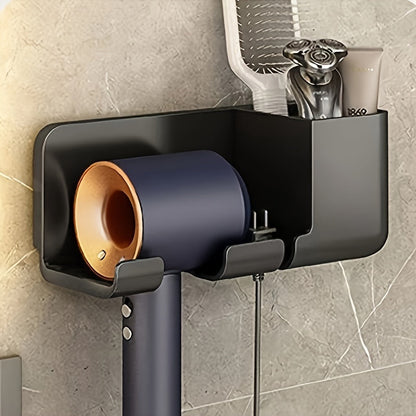 Durable Plastic Wall-Mounted Hair Dryer Holder with Storage - Space-Saving Design, No Electricity Required, Ideal Bathroom Accessory