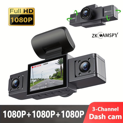 3-channel car dash cam with front, right, and left cameras, night vision, parking monitor.