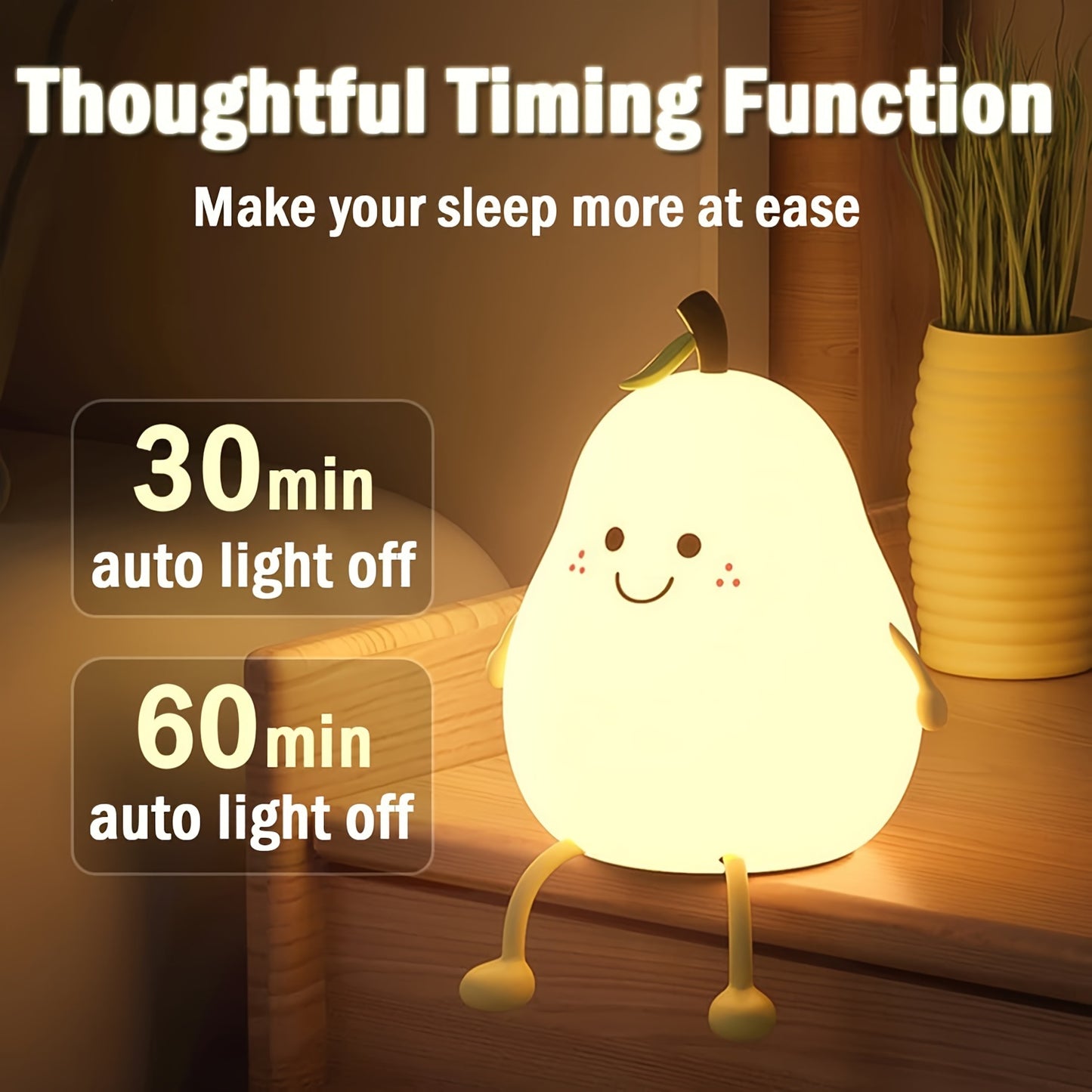 Rechargeable silicone pear lamp with 7 color changing option, timer, and touch control, perfect bedside or bedroom night light for Christmas gift.