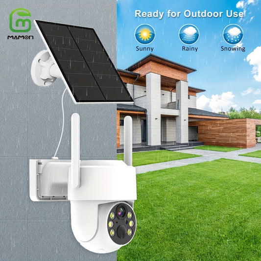 2K Wi-Fi PTZ Smart Home Security Camera powered by solar energy, with 355° Pan and 90° Tilt, 4MP Color Night Vision, PIR Motion Alert, Two-Way Audio, built-in Spotlight, compatible with Alexa, offers Cloud/SD storage, and is easily accessible via