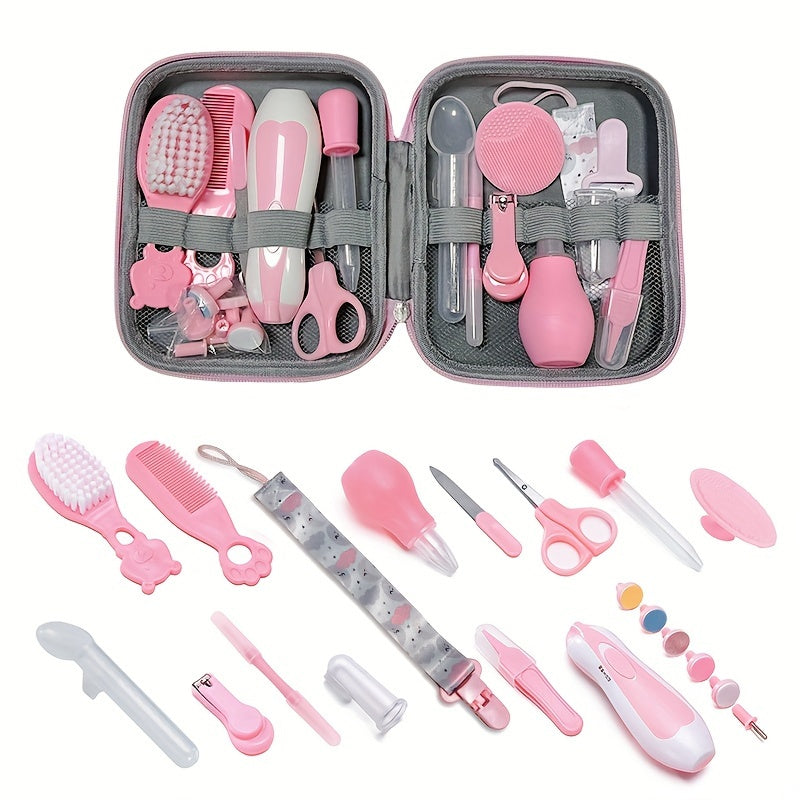 UNICHERRY 14-piece Kids Care Set: Compact Grooming & Safety Kit including Nail Clippers, Nasal Aspirator & Tongue Cleaner - Pink/Blue Silicone Essentials for Kids