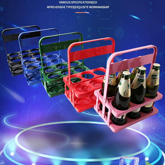 Portable collapsible plastic beer carrier for 6 bottles, ideal for bars, picnics, restaurants, and catering.