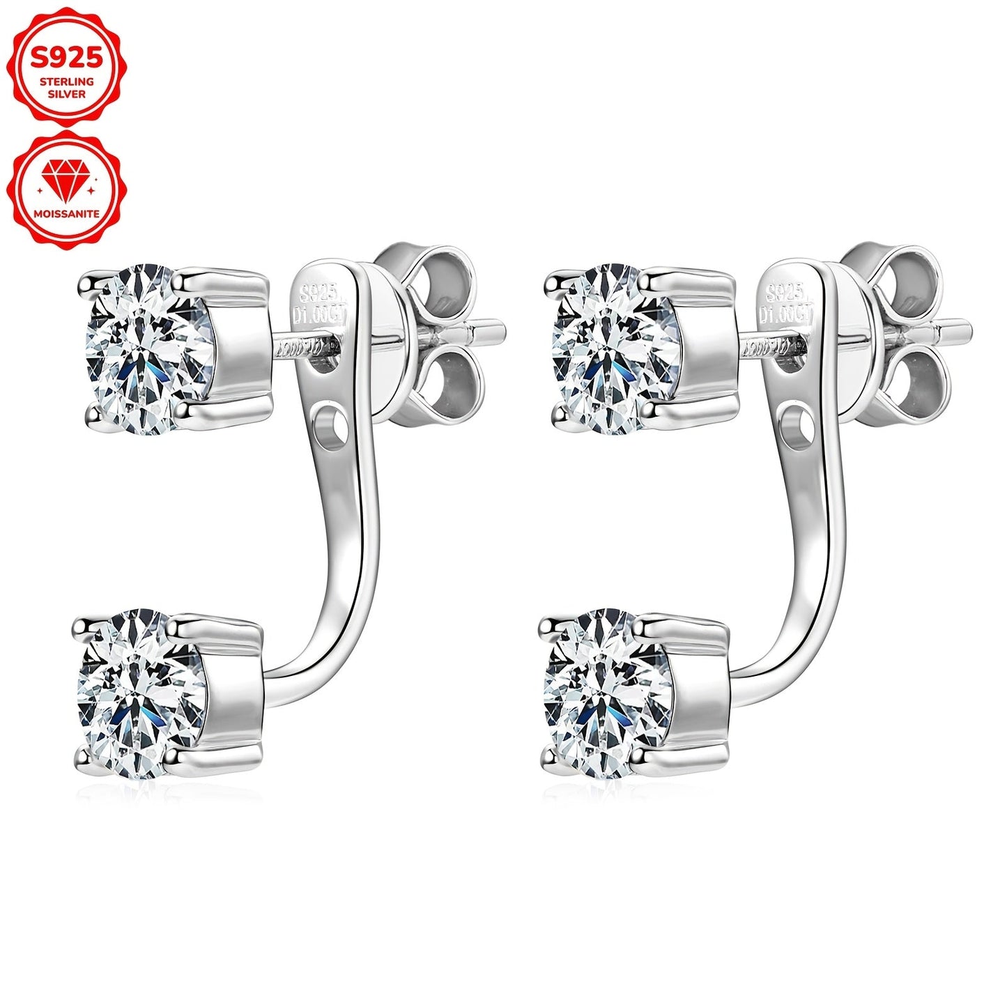 Sterling Silver Moissanite Drop Earrings with Golden Plating, featuring Simple Style and Convertible Studs. Includes 4 pieces of 5mm Round Synthetic Moissanite totaling 2.0ct, accompanied by a GRA Certificate. Perfect for Women's Wedding and Vacation