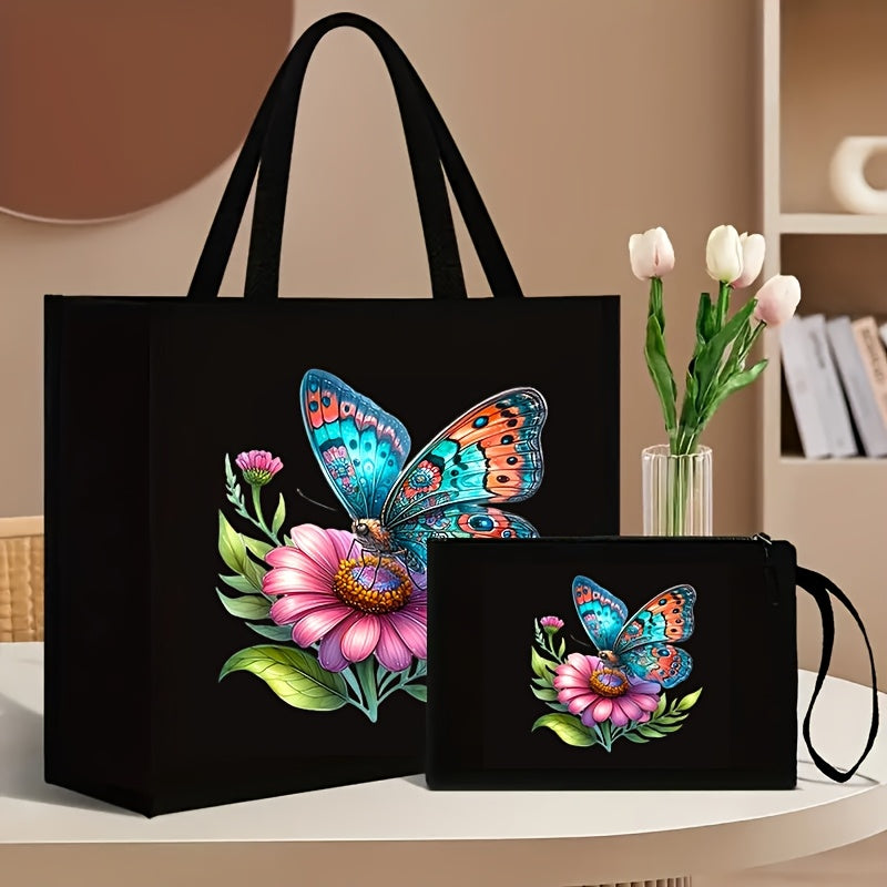 Set includes 2 floral and butterfly print tote bags with matching wallet, made of durable canvas material. Features magnetic snap closure and foldable design for shopping and travel, with