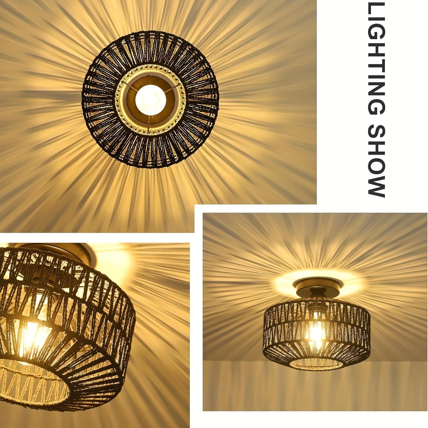 Bohemian style semi-flush mount ceiling light fixture with hand-woven rattan shade and modern metal frame. Energy-efficient, hard-wired, E26 medium bulb base. Suitable for bedroom, living room, kitchen, hallway. Light source not included.