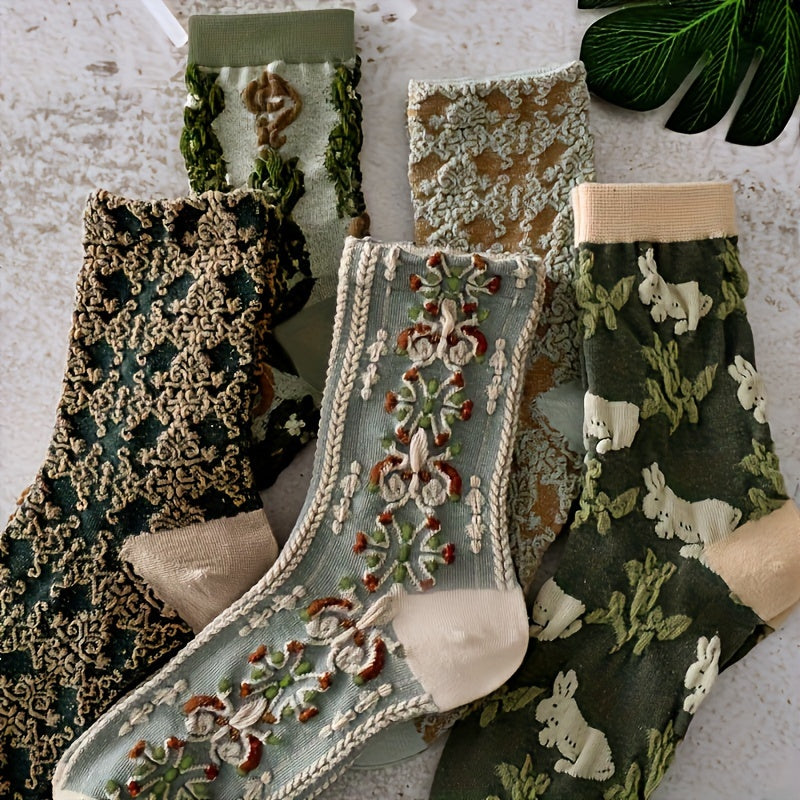 5 pairs of floral print mid tube socks for women, comfy and breathable