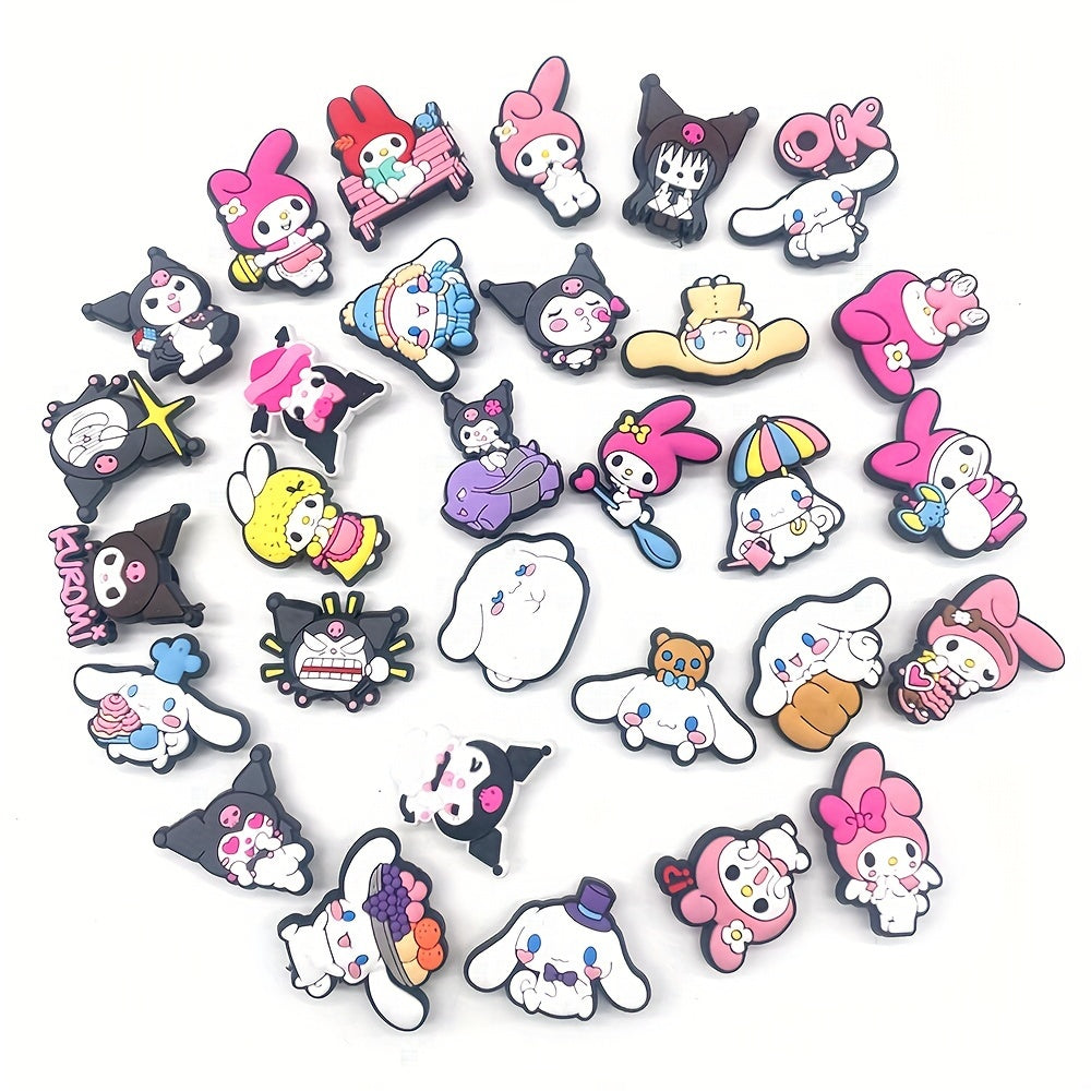 Set of 30 Kuromi, Cinnamoroll, and Melody shoe charms for DIY sandals decoration. Detachable buckles to accessorize your footwear.