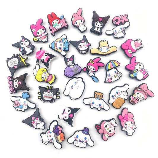 Set of 30 Kuromi, Cinnamoroll, and Melody shoe charms for DIY sandals decoration. Detachable buckles to accessorize your footwear.