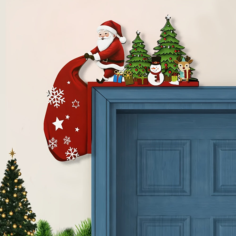 Rustic Christmas door decoration featuring Santa Claus, Snowman, and Reindeer. Perfect for indoor spaces, no electricity required. Great holiday gift idea.