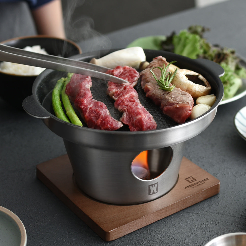 One Piece WAGENSTEIGER Stainless Steel Shabu Shabu Hot Pot - Mini Portable Fondue Set for 1-2 People. Features a Thickened Skillet for Steak Cooking, Multifunctional Home Grill with Stand & Heat-Resistant Base. Fuel-Heated Outdoor Cookware that is Food