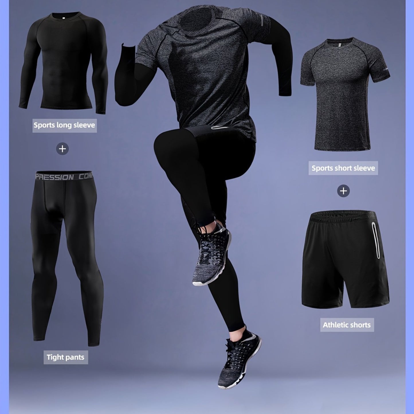 Gengyuan offers a 4-piece men's set for autumn basketball training and fitness activities, including long-sleeve tops, t-shirts, tight pants, and quick-dry sports shorts.