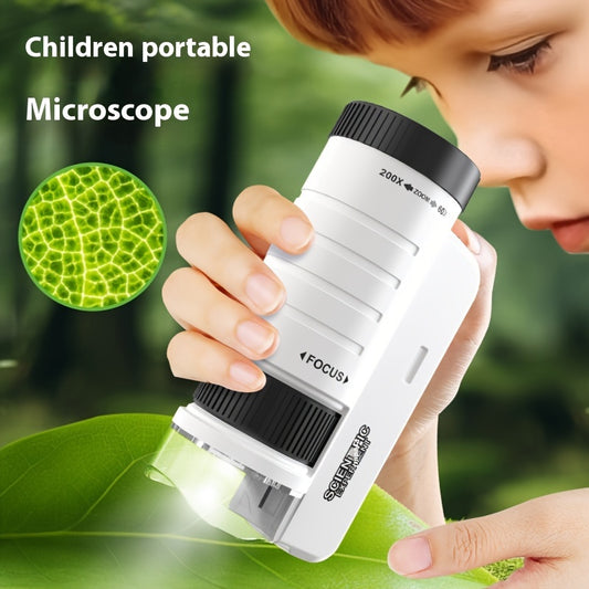 Mini microscope toy with LED light amplification of 60X-200X, designed to encourage children's exploration of nature and convenient for outdoor use.