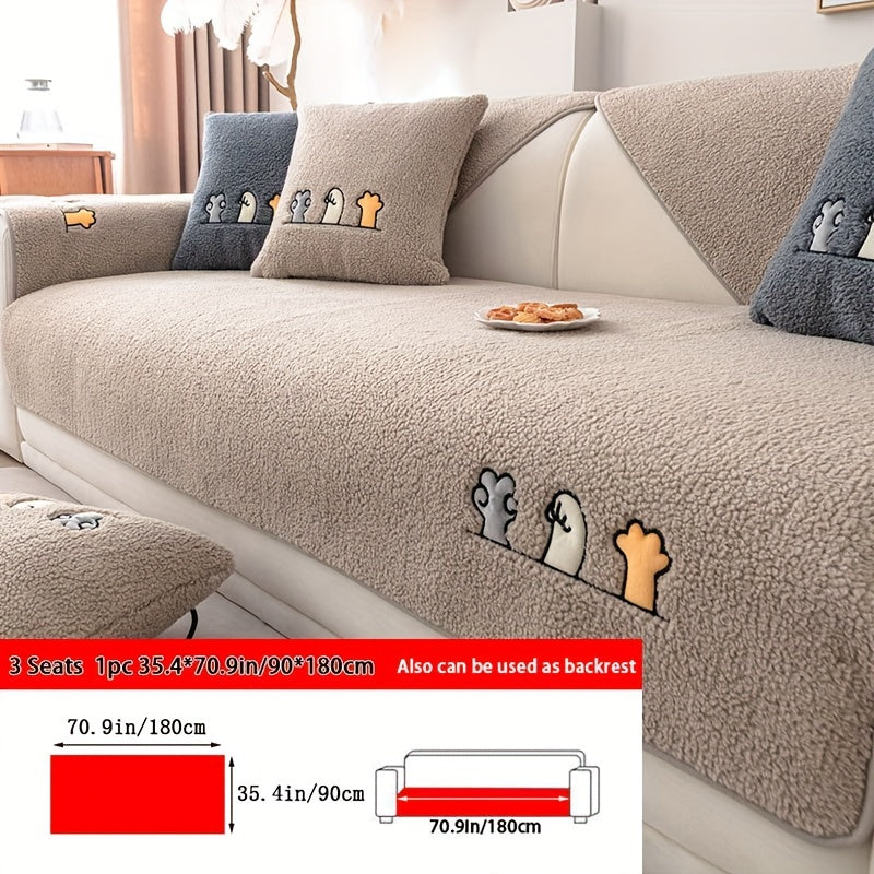 Plush Shearling Sofa Cover with Animal Embroidery - Pet-Friendly, Non-Slip Protector for All Sofa Sizes - Soft Decor for Living Room, Bedroom, Office.