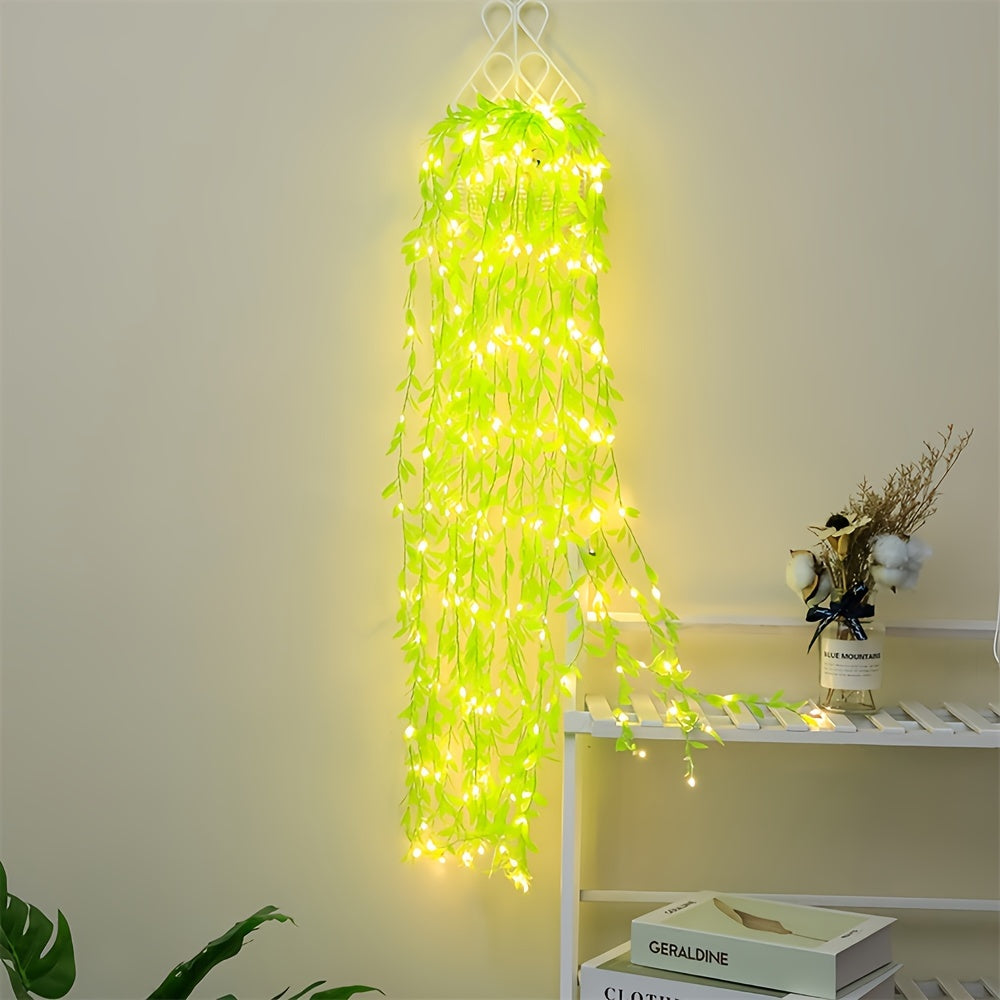 Green willow leaf LED string lights, battery operated, 2M/5M, plastic, suitable for room decor, weddings, and holidays, batteries not included.