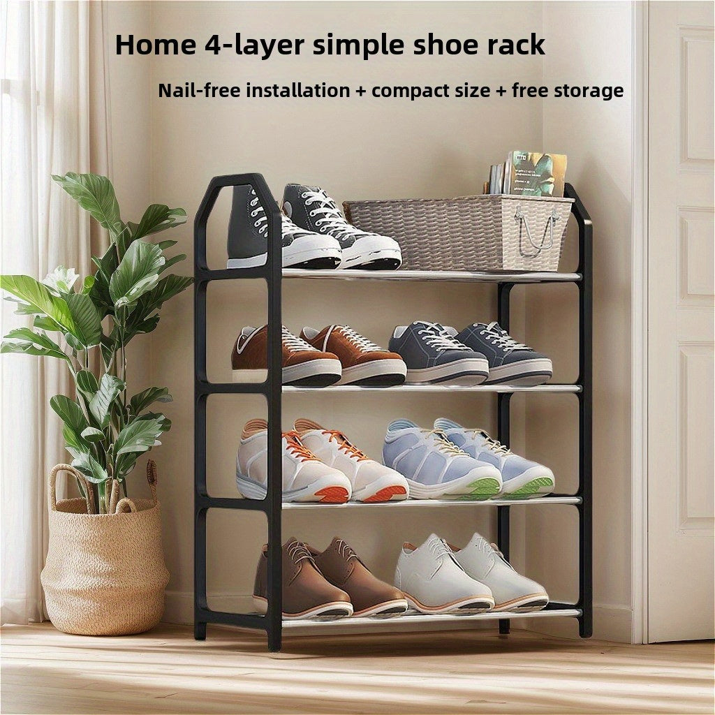 Simple Shoe Rack with 4 Tiers, Compact and Versatile Design, Quick and Easy Assembly, Dust-Proof Storage Solution for Entryway, Bedroom, or Living Room - White Sneakers Displayed on Black Metal Frame, Shoe Organizer