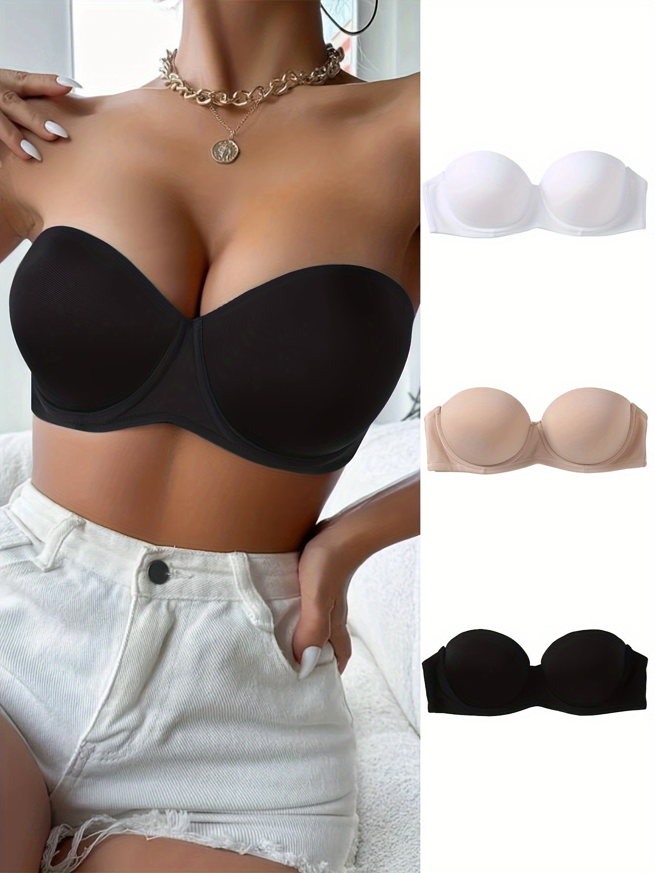 Solid strapless underwire bra set includes 3 pieces of sexy and comfortable push up lingerie for women.