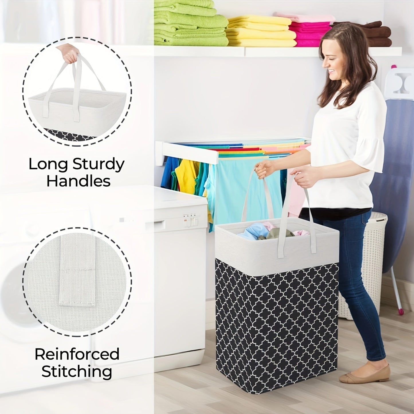 Upgrade your laundry game with the chic 75L Waterproof Laundry Hamper. Featuring a collapsible freestanding design with a trendy geometric pattern, this hamper has extended handles for effortless carrying. Perfect for storing clothes and toys in dorms