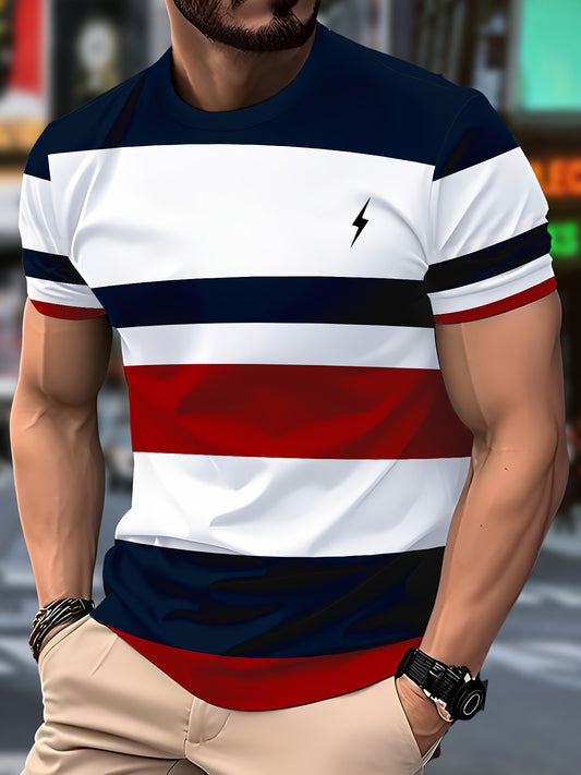 One men's casual crew neck t-shirt with 3D novelty striped design, made of 100% polyester knit fabric with slight stretch, in a regular fit with short sleeves.