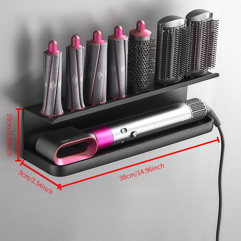 Wall-mounted metal organizer for hair dryer and curler, saving space in the bathroom.