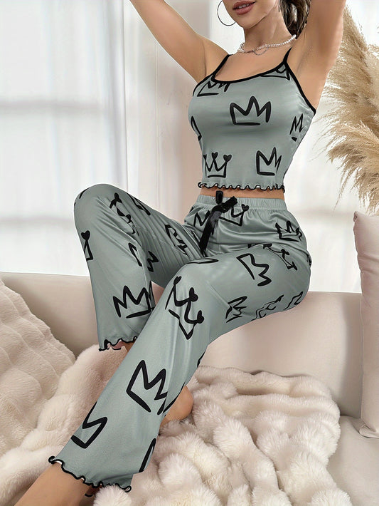 Women's Crown Pattern Pajama Set with Scoop Neck Cami Top and Bow Decor Elastic Waistband Pants for Sleepwear and Loungewear.