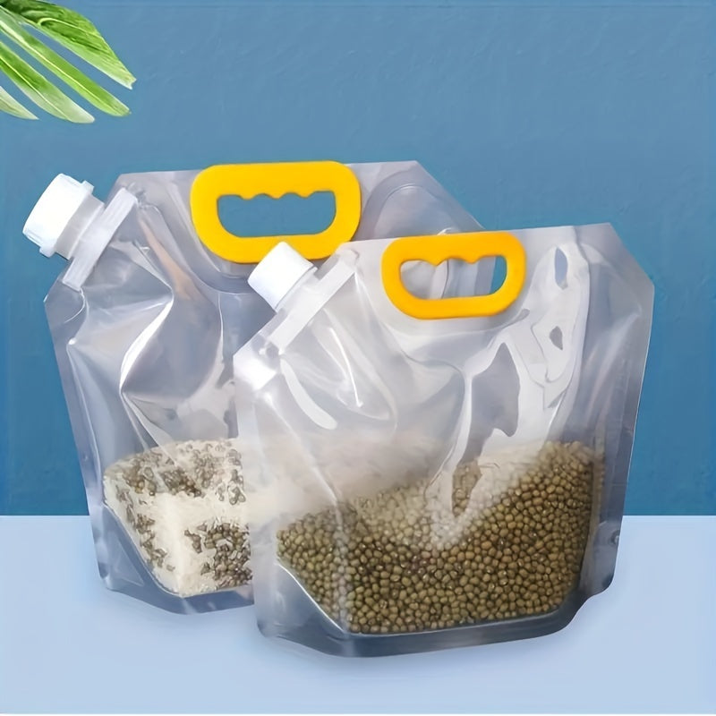 Five reusable food storage bags with vacuum seal, moisture-proof technology, perfect for keeping grains, flour, and beans fresh. Made from BPA-free plastic, these bags are hand washable and a great kitchen organizer.