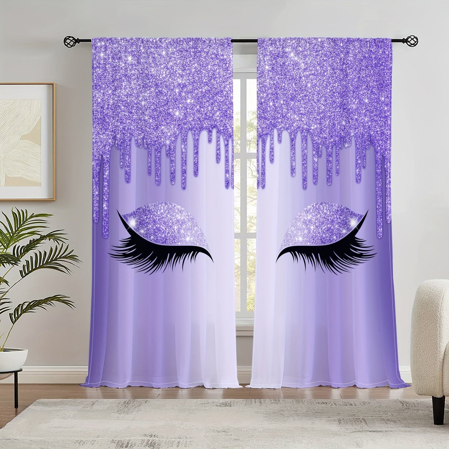 Set of two Eyelash Printed Curtains, Rod Pocket Window Treatments ideal for Bedroom, Office, Kitchen, Living Room, Study, and Home Decor. Enhance your room with stylish and aesthetic decorative curtains.