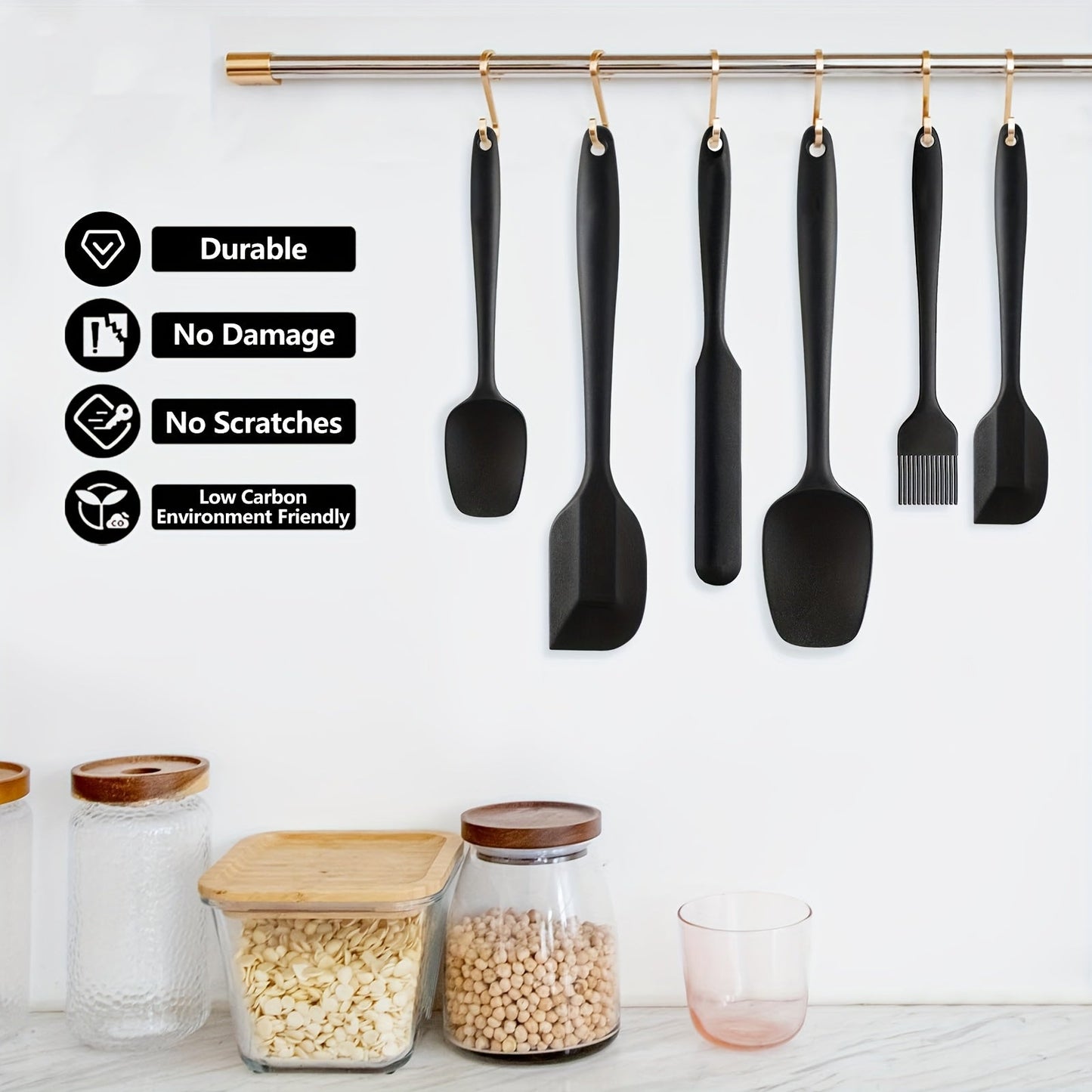 Set of 6 Black Silicone Spatulas with Brush - Made from Food Grade, Heat Resistant, and BPA-Free Material - Perfect for Baking, Cooking, and Mixing - Great for Holiday Gatherings and Daily Use in the Kitchen - Includes Baking Accessories - Features a