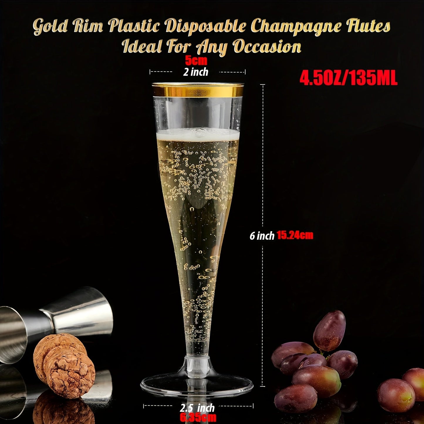 20-Pack of elegant plastic champagne flutes with golden rims, each holding 4.5oz of liquid. These recyclable and reusable toasting glasses are perfect for weddings, birthdays, and bridal showers. Versatile and convenient, these premium disposable