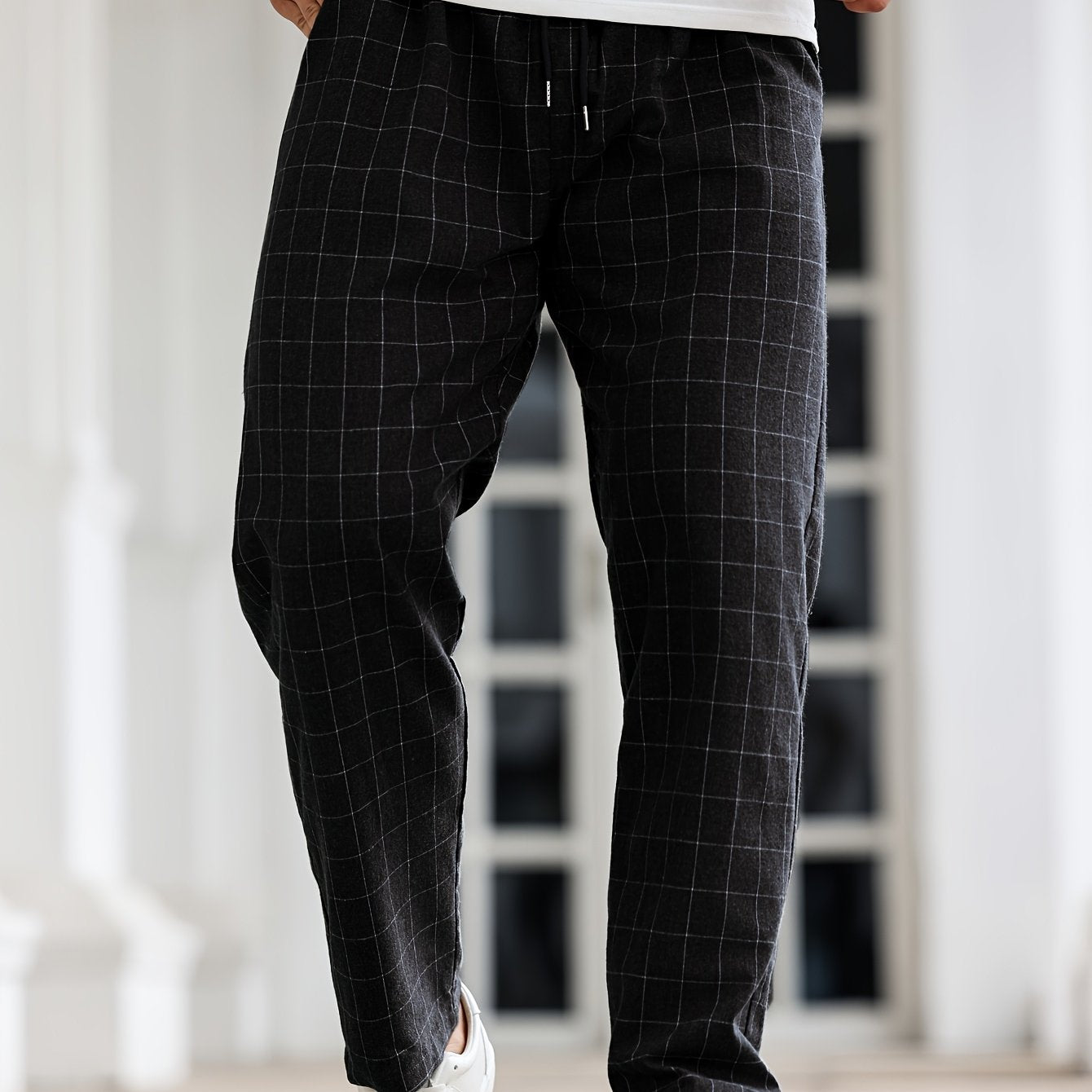 Men's Comfortable Plaid Sleep Pants with Drawstring, Machine Washable Polyester, Black & White Grid Pattern