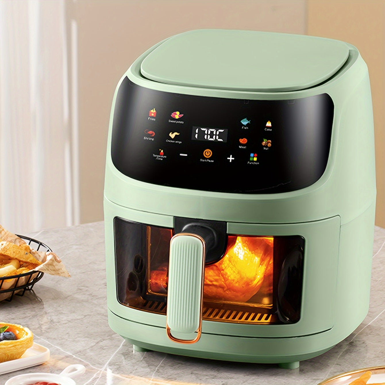 Large capacity 6L air fryer with smart cooking programs, touch control, and multifunctional electric oven for healthy cooking. 220V.