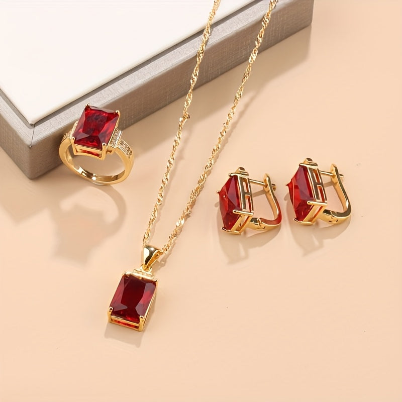 Elegant Vintage 18K Gold-Plated Jewelry Set - Includes Simple Fashion Square Wedding Bridal Earrings, Necklace Pendant, and Ring for Women, Made with Synthetic Zirconia Copper. No Batteries Needed, Perfect for Everyday Wear and Special Occasions.