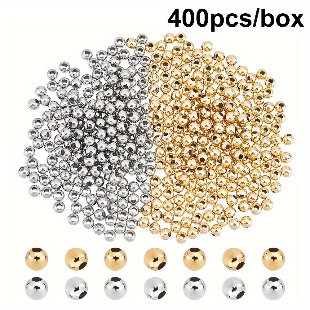 400 pieces of 304 stainless steel beads in a box, featuring hollow round beads in golden and stainless steel colors.