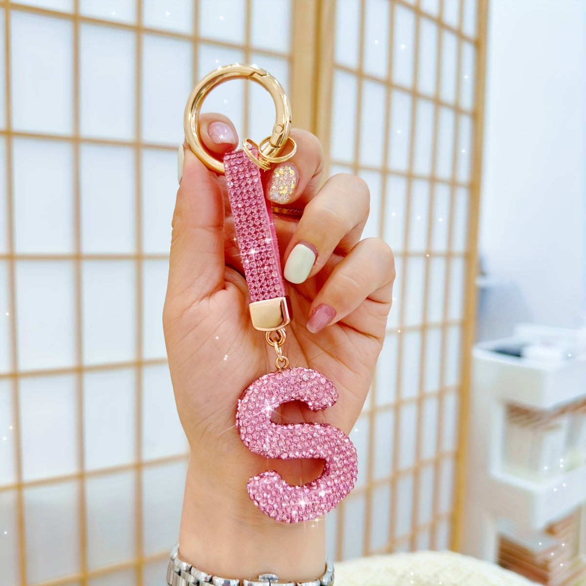 Personalized Initial Keyring - Shiny Key Ring Accessory with Alloy Rhinestone Alphabet Pendant in Pink, 1pc Charm for Women, Ring Buckle Decoration, Great Birthday or Festival Gift - Choose from Letters A-Z