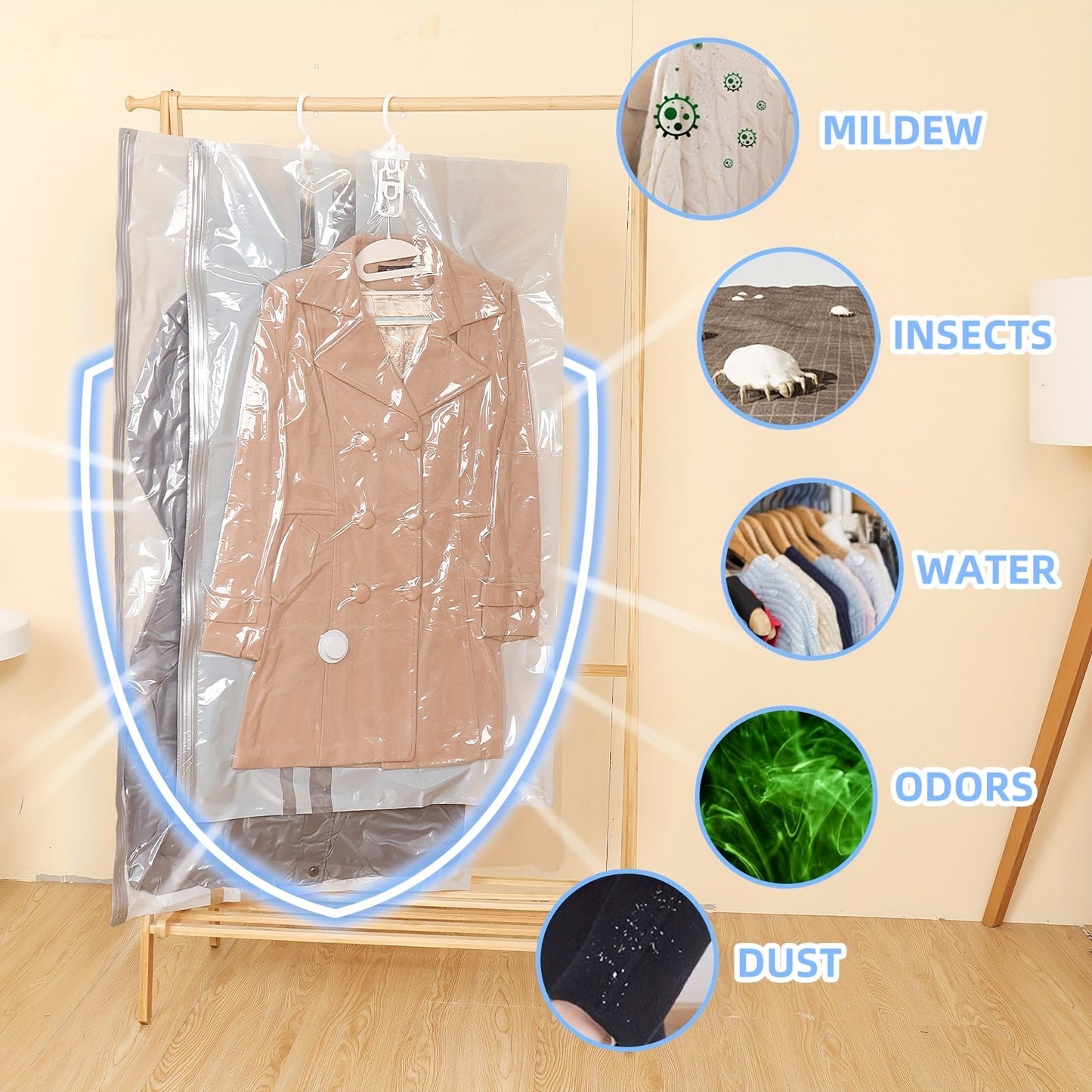 Save space in your wardrobe with this 5-Pack of Hanging Vacuum Storage Bags. These multipurpose rectangle plastic garment bags feature zipper closure and are perfect for storing winter coats, suits, jackets, and down jackets. Keep your clothes organized