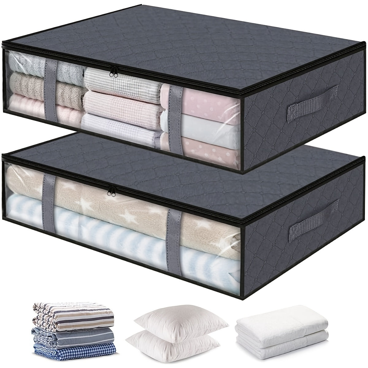 Underbed storage solution includes 2pcs/1pc moisture-proof plastic window underbed storage bag, non-woven clothes organizing bag, and blanket storage with handle. Perfect for organizing clothes and blankets in your bedroom and maximizing under-bed