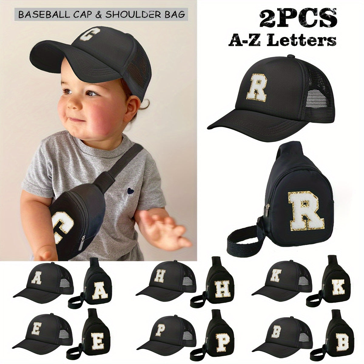 Children's Alphabet Baseball Cap and Shoulder Bag Set made of polyester material with a breathable, season-neutral design. Features a fitted cap with a buckle closure suitable for daily and