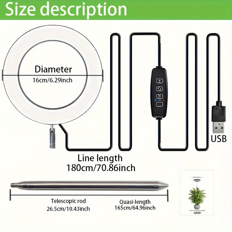 Adjustable USB-powered LED indoor plant growth lamp with automatic timer (3/9/12H settings) and adjustable height of 165.0 cm.