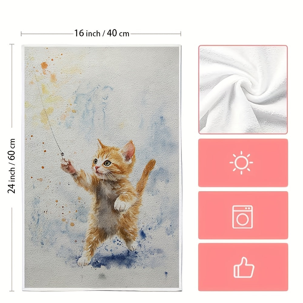 Two Ultra Soft Kitchen Towels featuring Playful Kitten & Laser Pointer Design, made from Highly Absorbent Polyester. Machine Washable, measuring 40.64x60.96 cm - Perfect for Holiday Decor and as Dish Hand Towels.