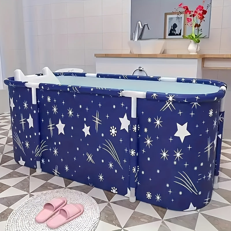 Adults' foldable freestanding bathtub for two, made of thick PVC in blue and white marble pattern with "GOOD LUCK BATHHUB" design, easy to use without installation.