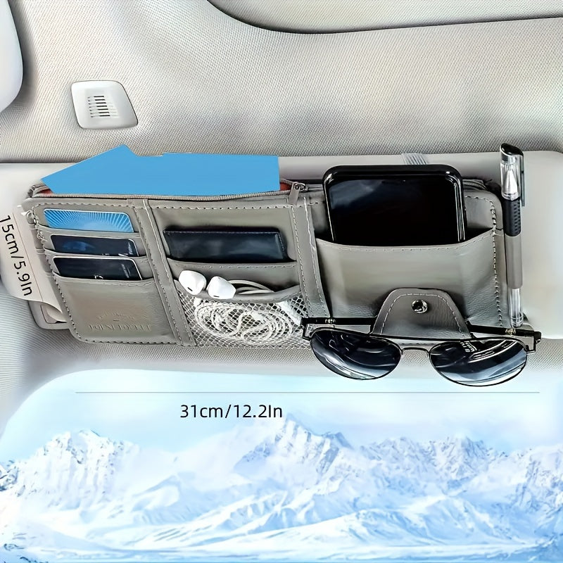 Car sun visor storage box with multiple functions: sunglasses organizer, card pouch, interior accessory.